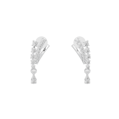 Silver lab diamond drop earrings with textured oval cluster and dangling stones