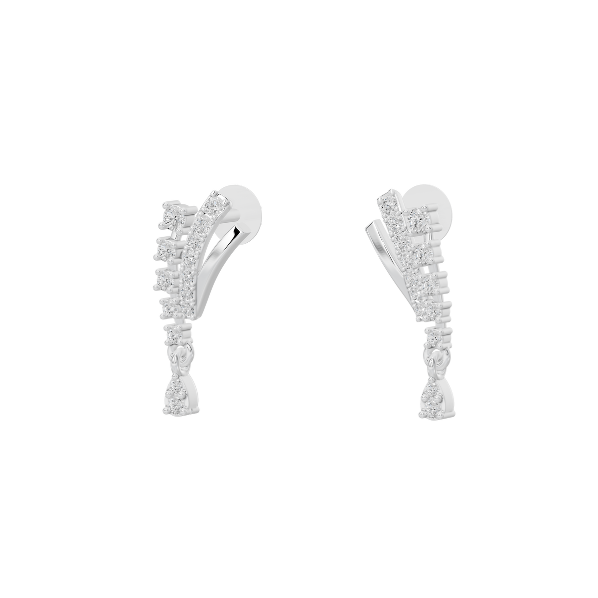Silver lab diamond drop earrings, side view with pavé sparkle along the curve