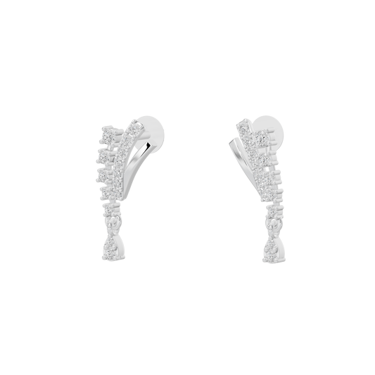 Silver lab diamond drop earrings, side view with pavé sparkle along the curve