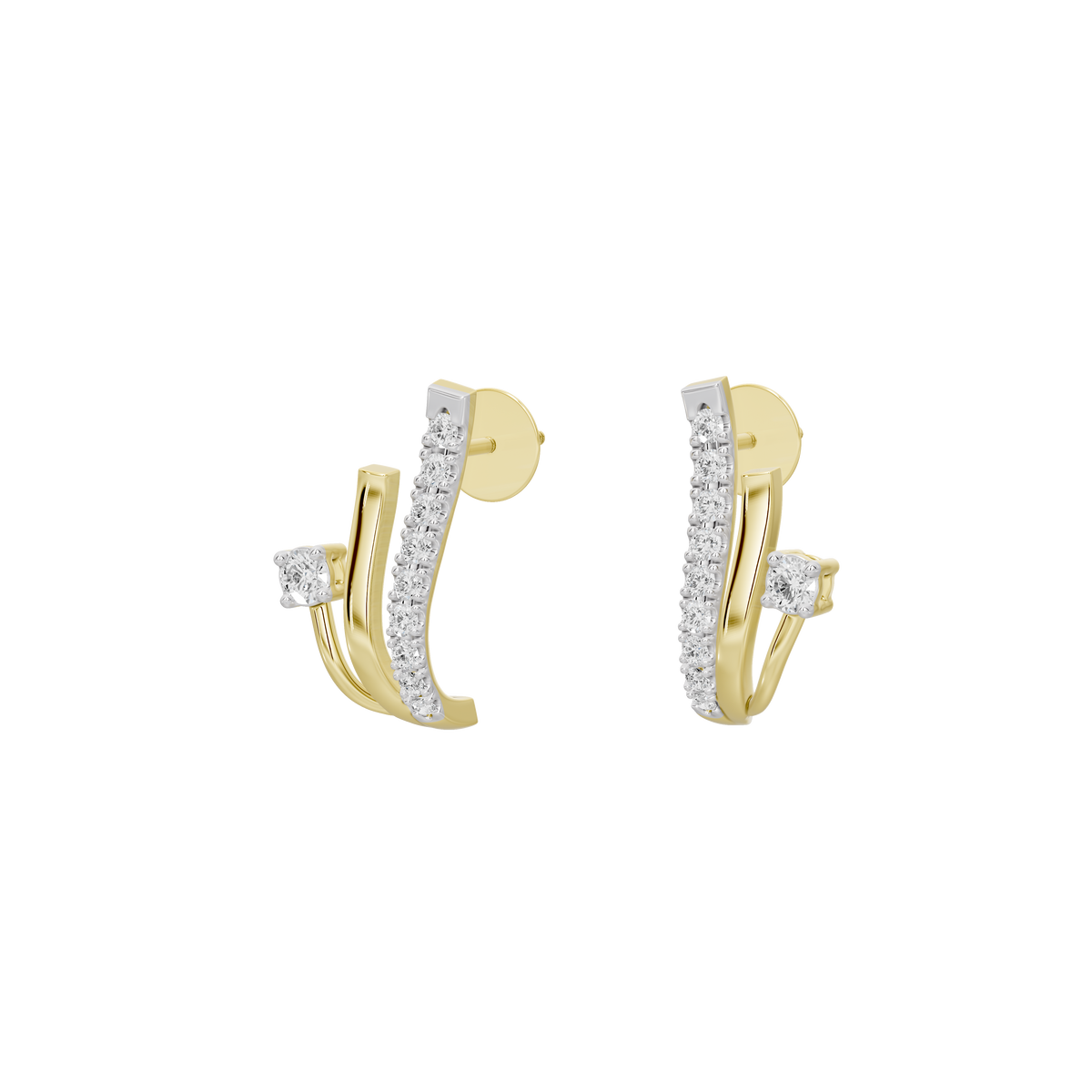 Lab diamond hoop earrings in yellow gold vermeil, angled view with pavé and bezel stones