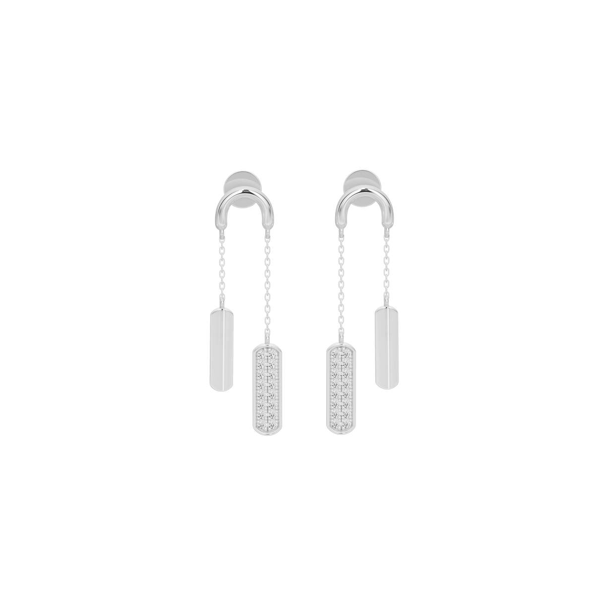 Silver-tone lab diamond hoop earrings with long pavé drops and slim bar ends