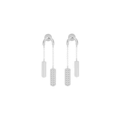 Silver-tone lab diamond hoop earrings with long pavé drops and slim bar ends