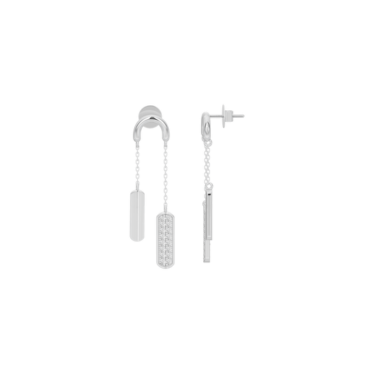 Silver-tone lab diamond earrings with hoop and pavé vertical drop bar