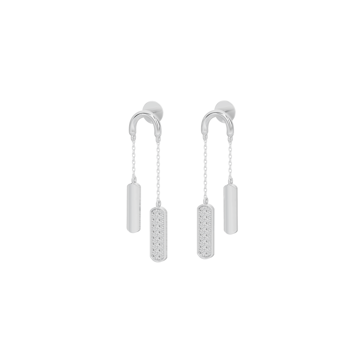 Silver-tone lab diamond hoop earrings with two hanging pavé bars