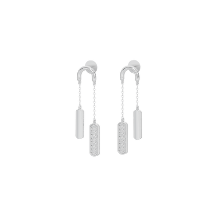Silver-tone lab diamond hoop earrings with two hanging pavé bars