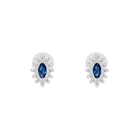 Silver lab diamond earrings with blue oval center stone and clustered halo detail