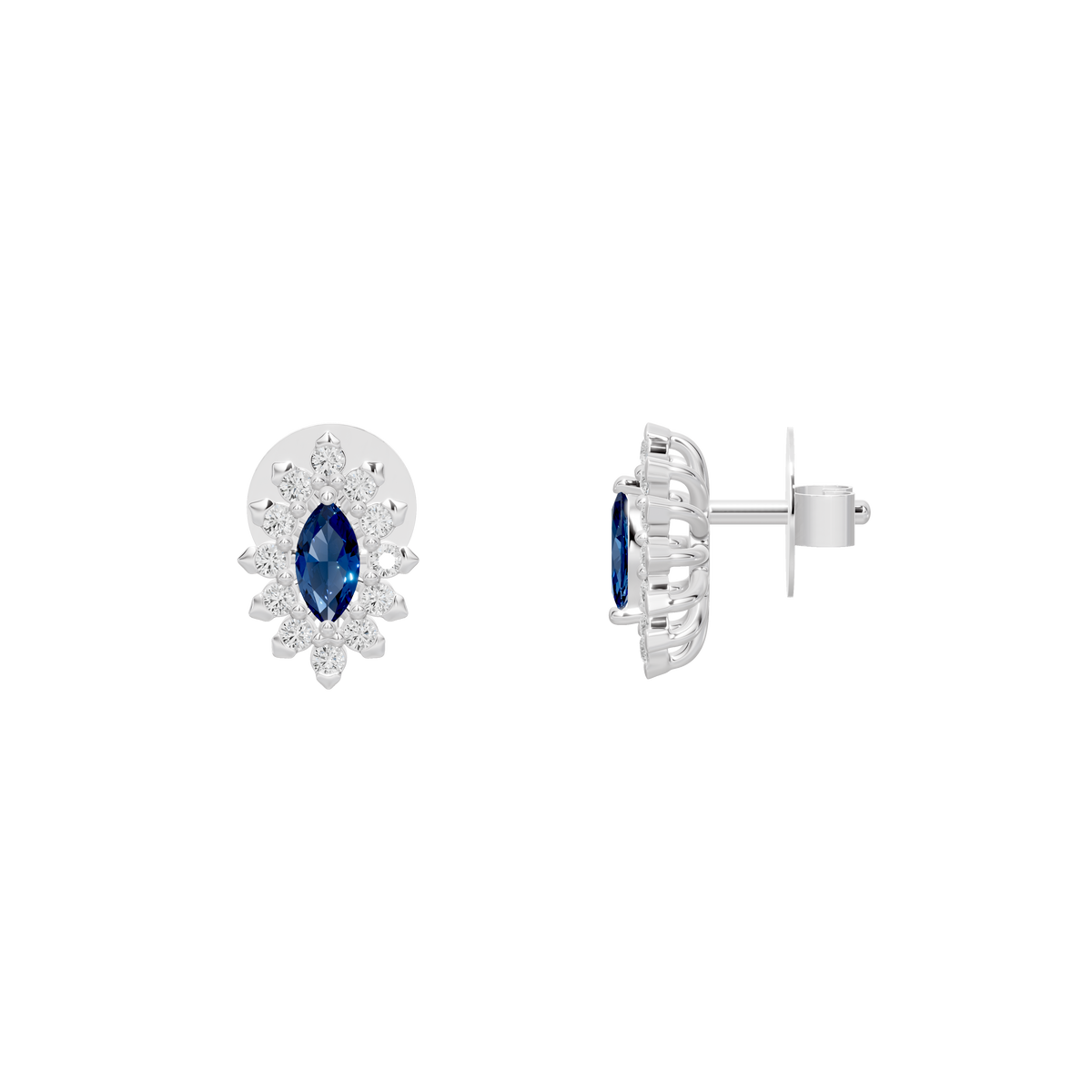Silver lab diamond stud earrings, side view, with blue oval stone and secure post