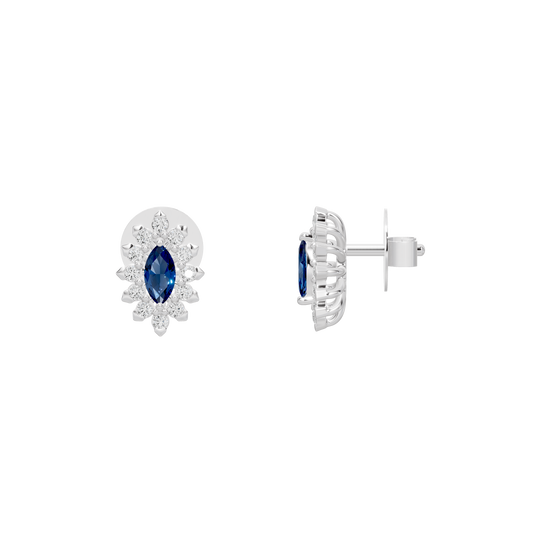 Silver lab diamond stud earrings, side view, with blue oval stone and secure post