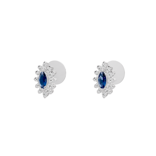 Silver lab diamond stud earrings with blue oval center stone and floral halo