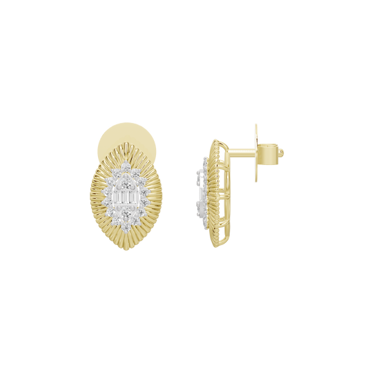 Oval lab diamond stud earring, yellow gold vermeil, side view with textured halo