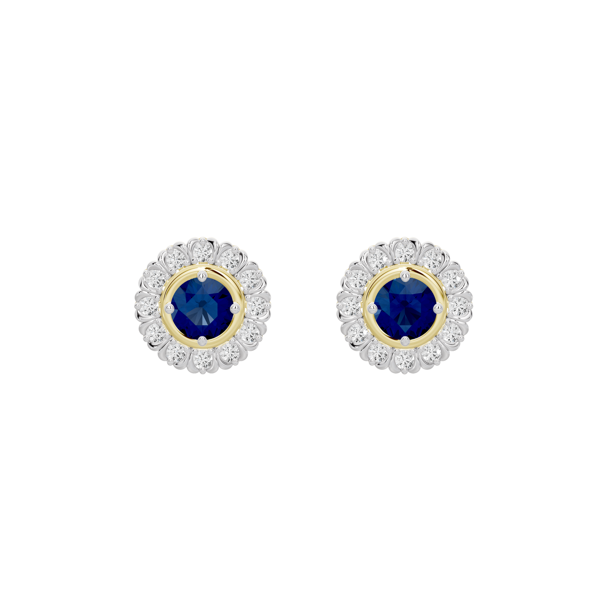 Lab diamond earrings with blue round center stones and white halo settings