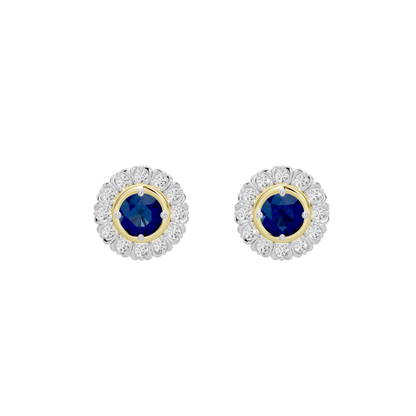 Lab diamond earrings with blue round center stones and white halo settings
