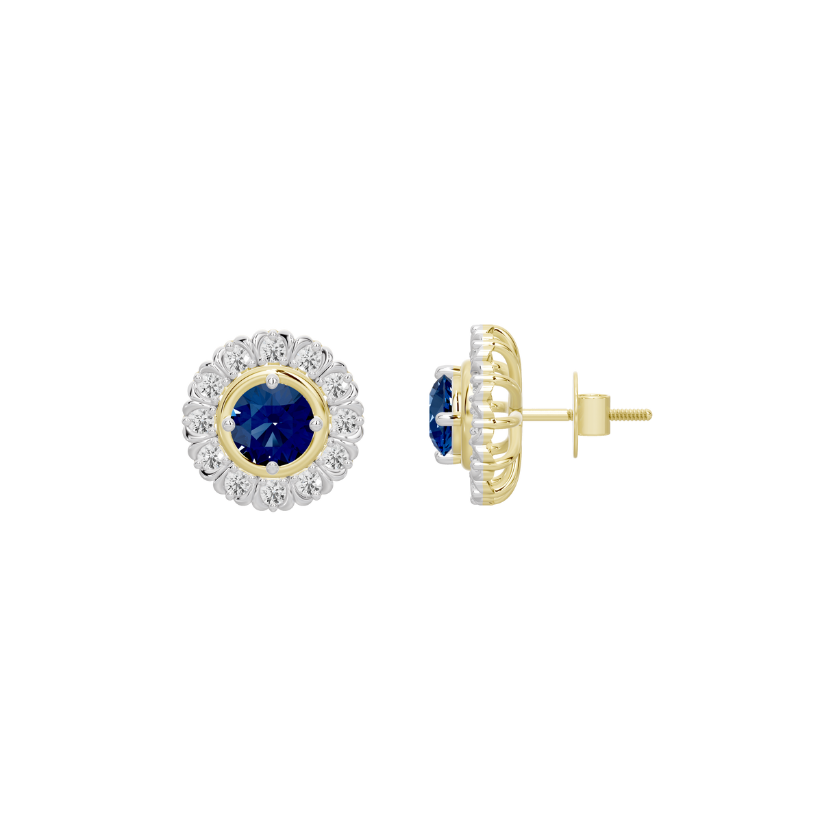 Lab diamond earrings side view with blue stones and gold-tone stud backs