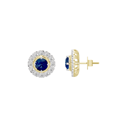 Lab diamond earrings side view with blue stones and gold-tone stud backs