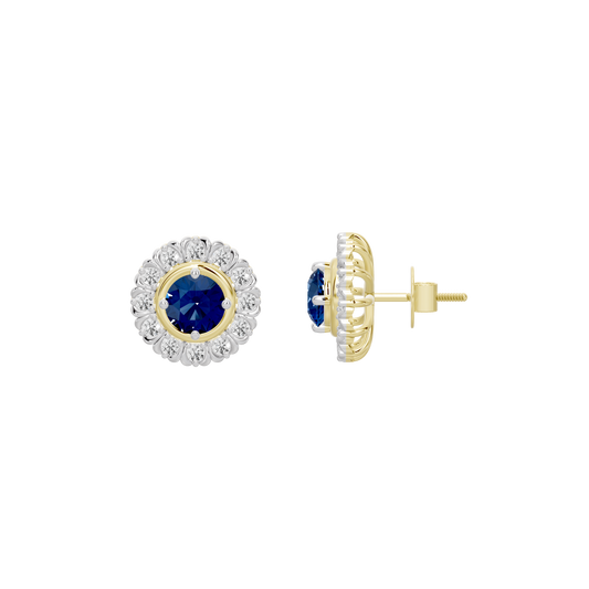 Lab diamond earrings side view with blue stones and gold-tone stud backs