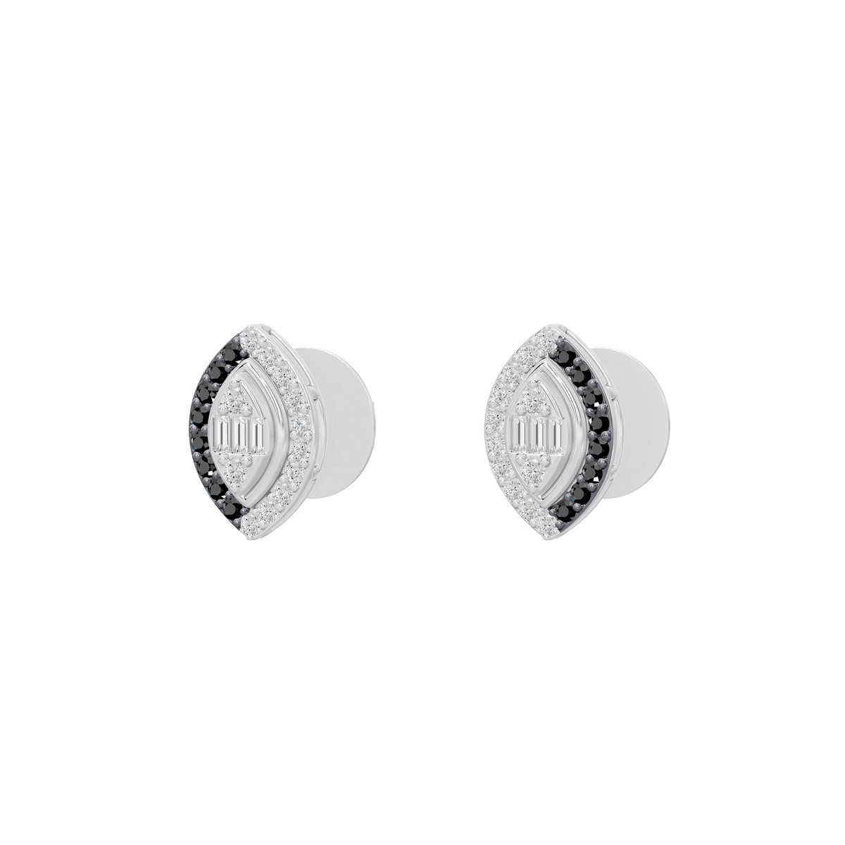 Silver lab diamond stud earrings, side view with white and black stones