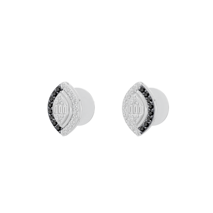 Silver lab diamond stud earrings, side view with white and black stones