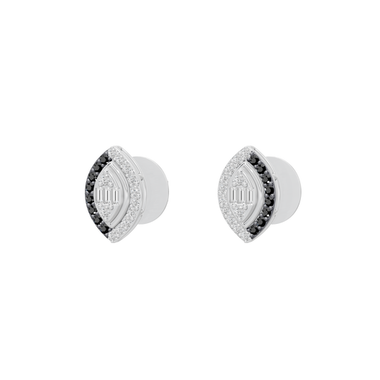 Silver lab diamond stud earrings, side view with white and black stones