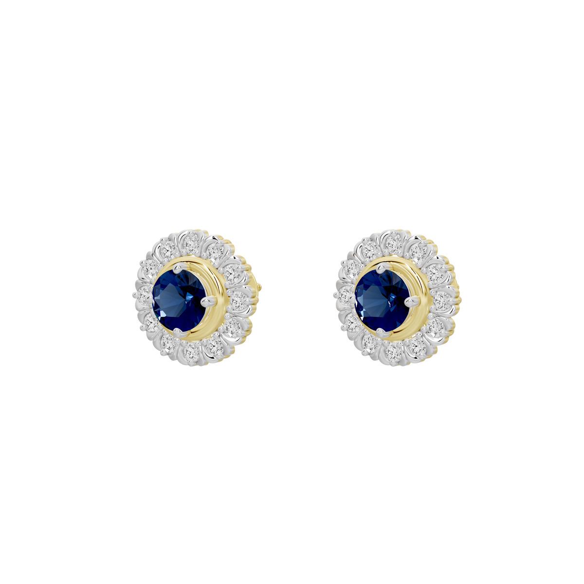 Lab diamond earrings pair with blue round centers and white halo detailing
