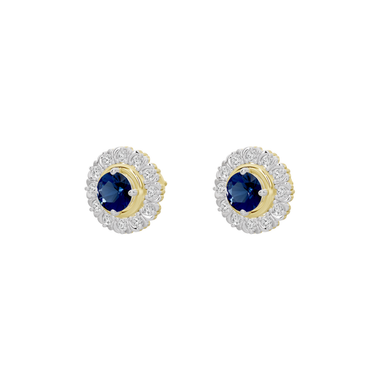 Lab diamond earrings pair with blue round centers and white halo detailing