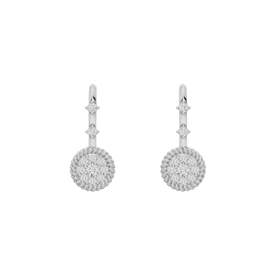 Silver lab diamond drop earrings with round pavé discs