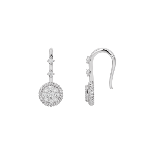 Silver lab diamond drop earrings showing hoop back and round pavé disc