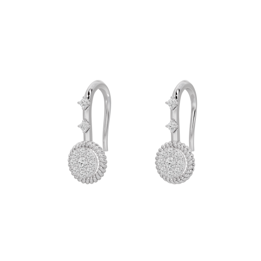 Silver lab diamond hinged hoop earrings with round pavé disc and stones
