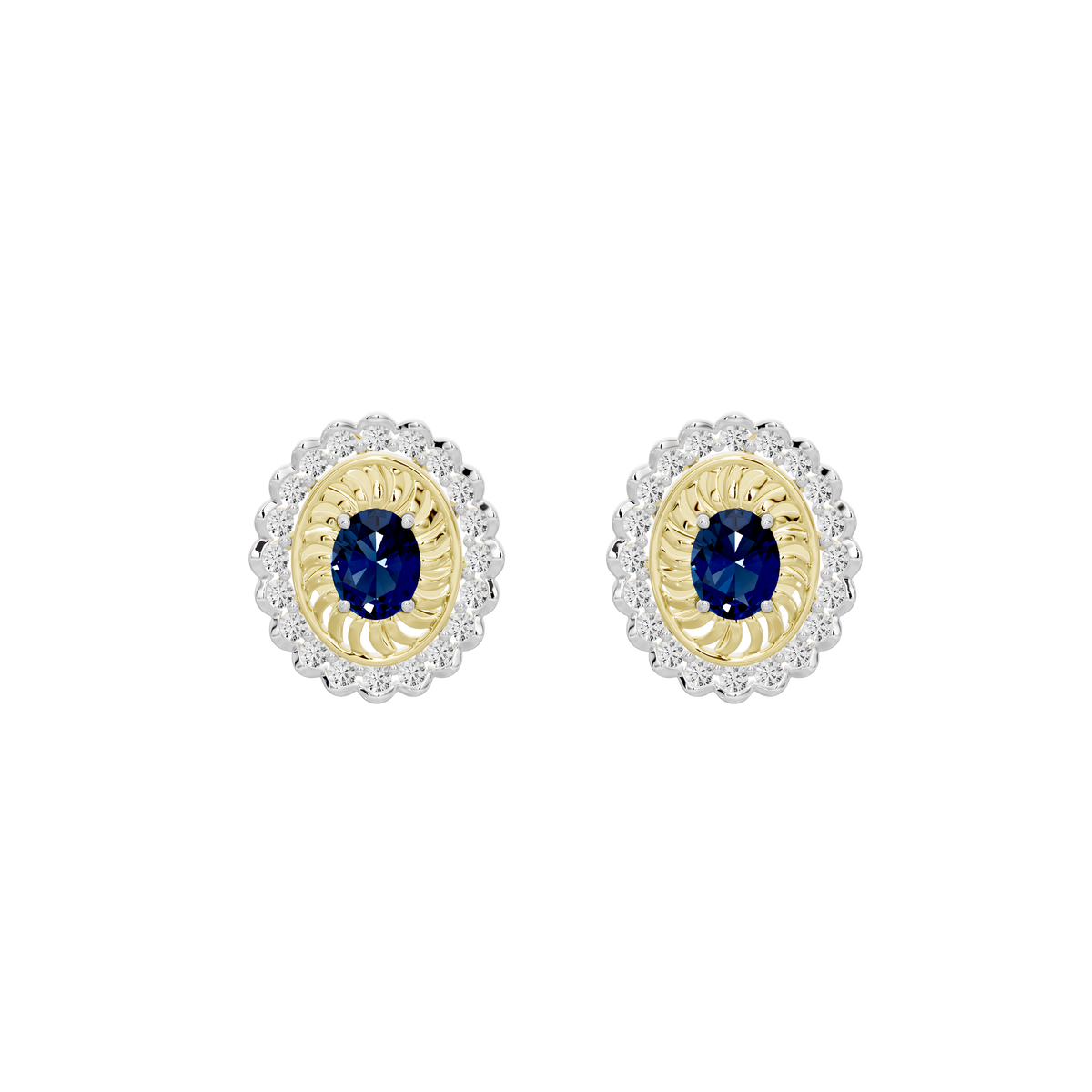 Pair of oval lab diamond stud earrings with blue center stone and gold vermeil halo