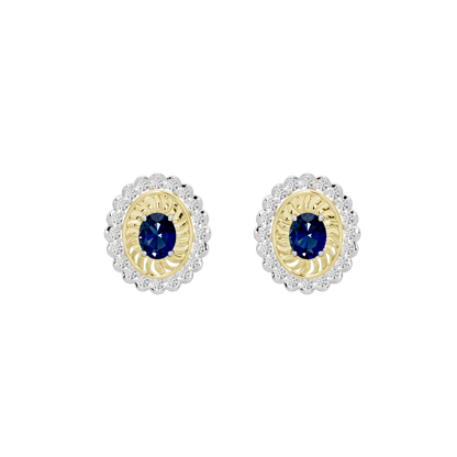 Pair of oval lab diamond stud earrings with blue center stone and gold vermeil halo