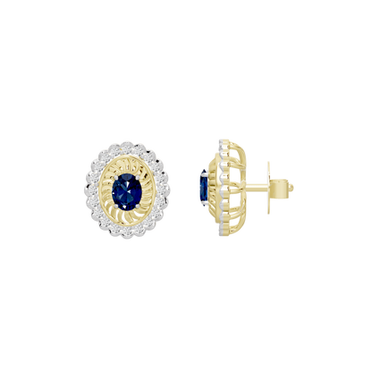 Gold vermeil lab diamond stud earrings with blue center stone; side and back view