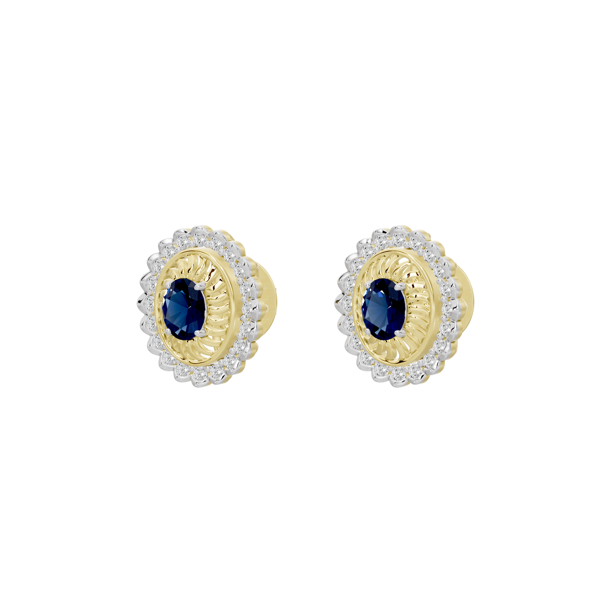 Oval halo lab diamond stud earrings with blue center stone in gold vermeil and clear diamonds