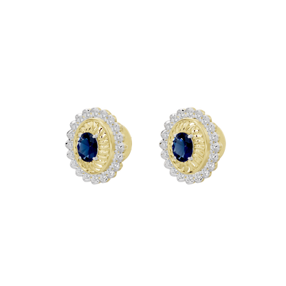 Oval halo lab diamond stud earrings with blue center stone in gold vermeil and clear diamonds
