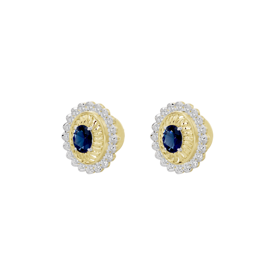 Oval halo lab diamond stud earrings with blue center stone in gold vermeil and clear diamonds
