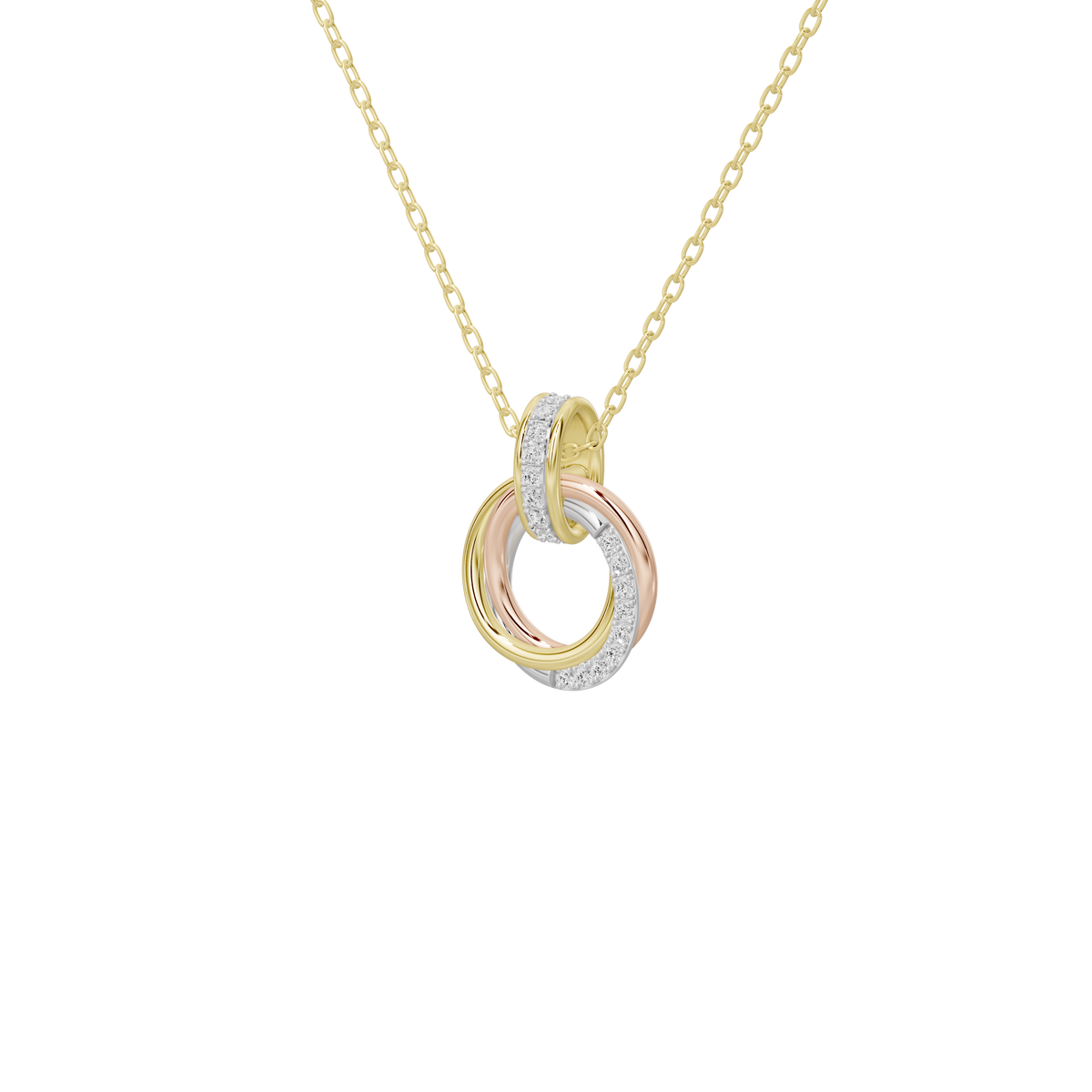 Yellow gold vermeil pendant necklace with overlapping round rings and lab diamond