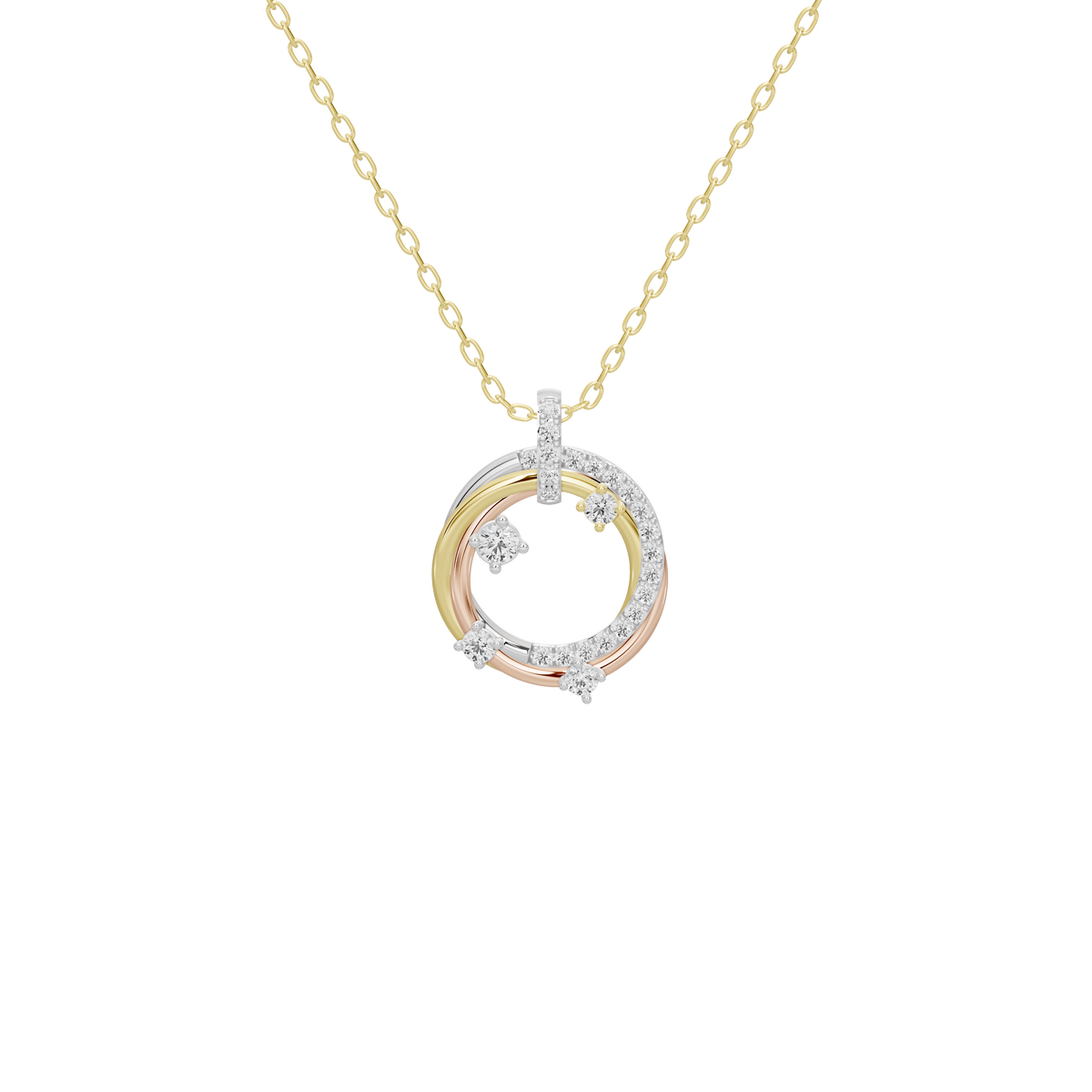 Yellow gold-tone chain lab diamond pendant with triple ring halo and small center stone