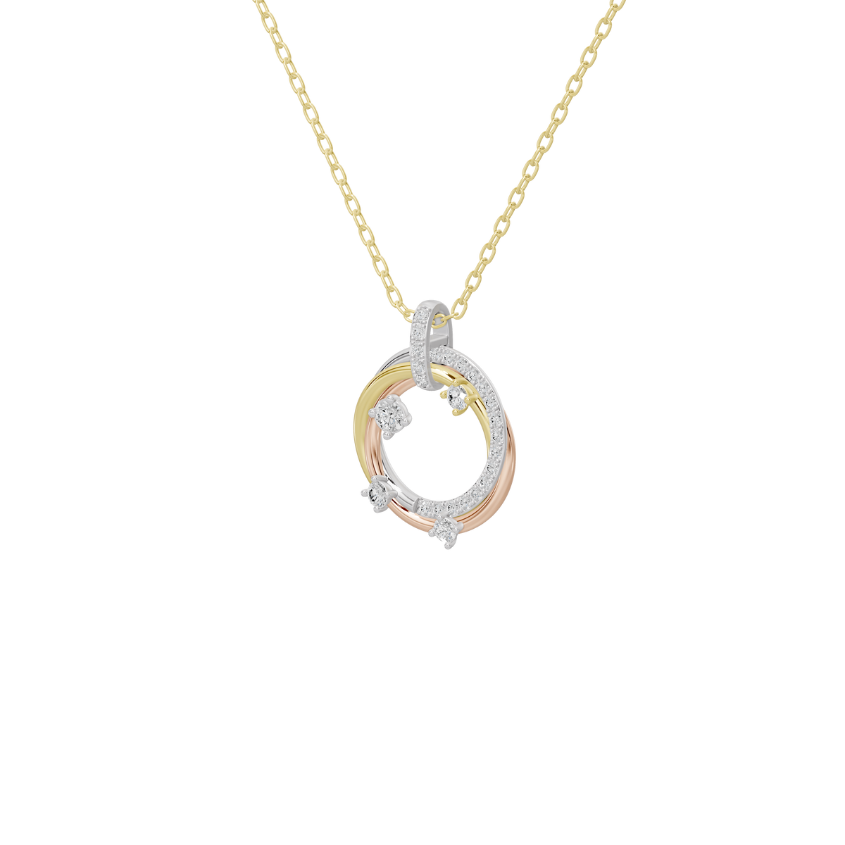 Lab diamond pendant with triple ring halo and small center stones on yellow gold chain