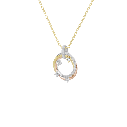 Lab diamond pendant with triple ring halo and small center stones on yellow gold chain