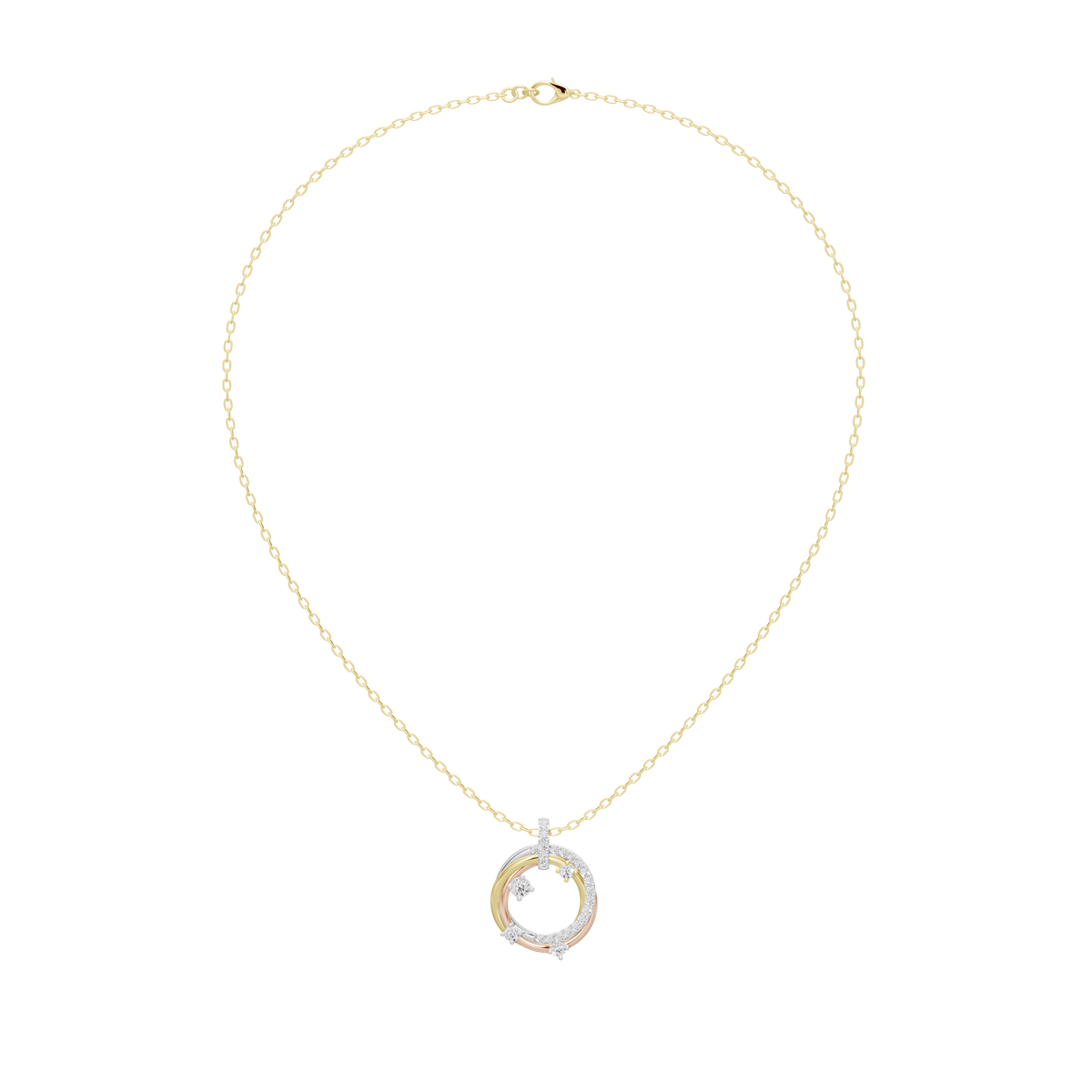 Triple ring halo lab diamond pendant on yellow gold chain with small center stone