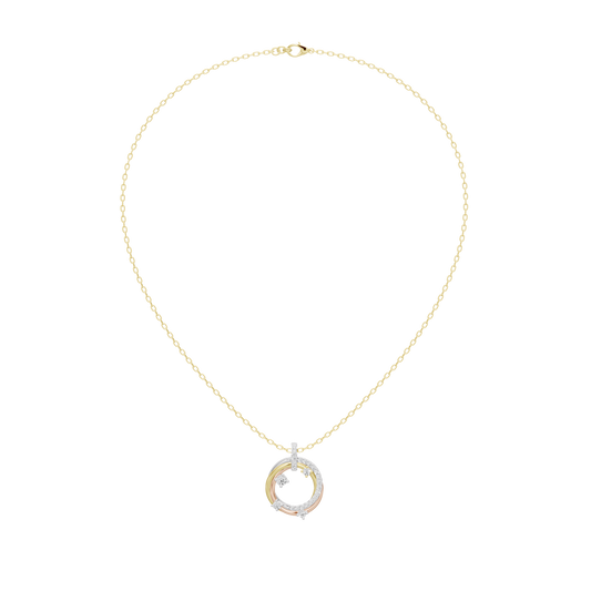 Triple ring halo lab diamond pendant on yellow gold chain with small center stone