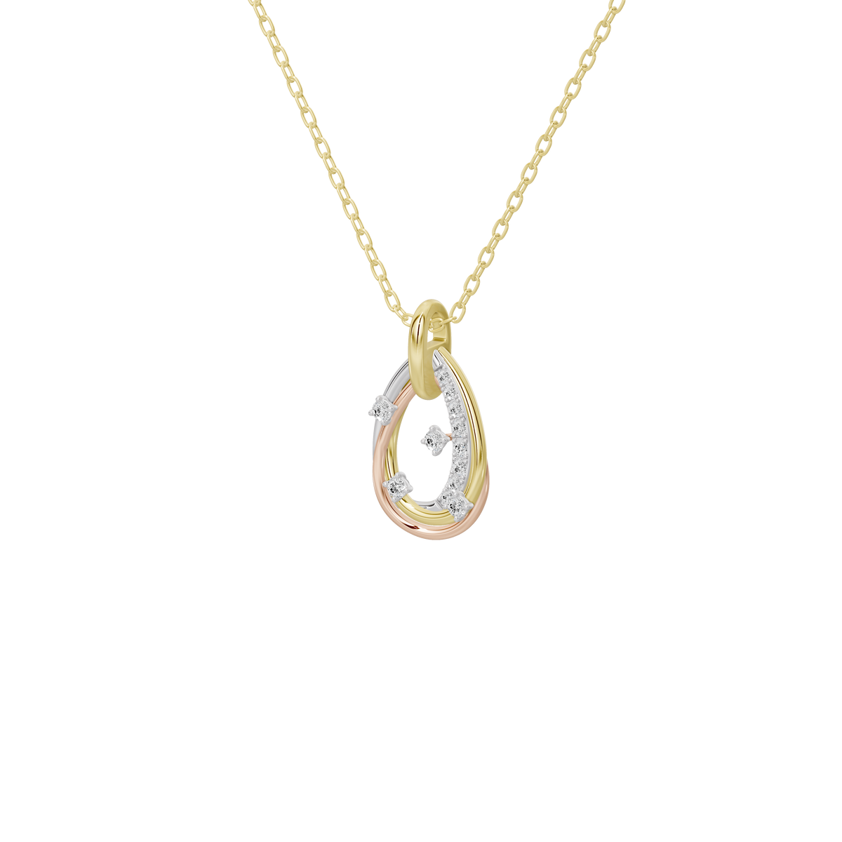 Close-up teardrop pendant with three lab diamonds on gold chain