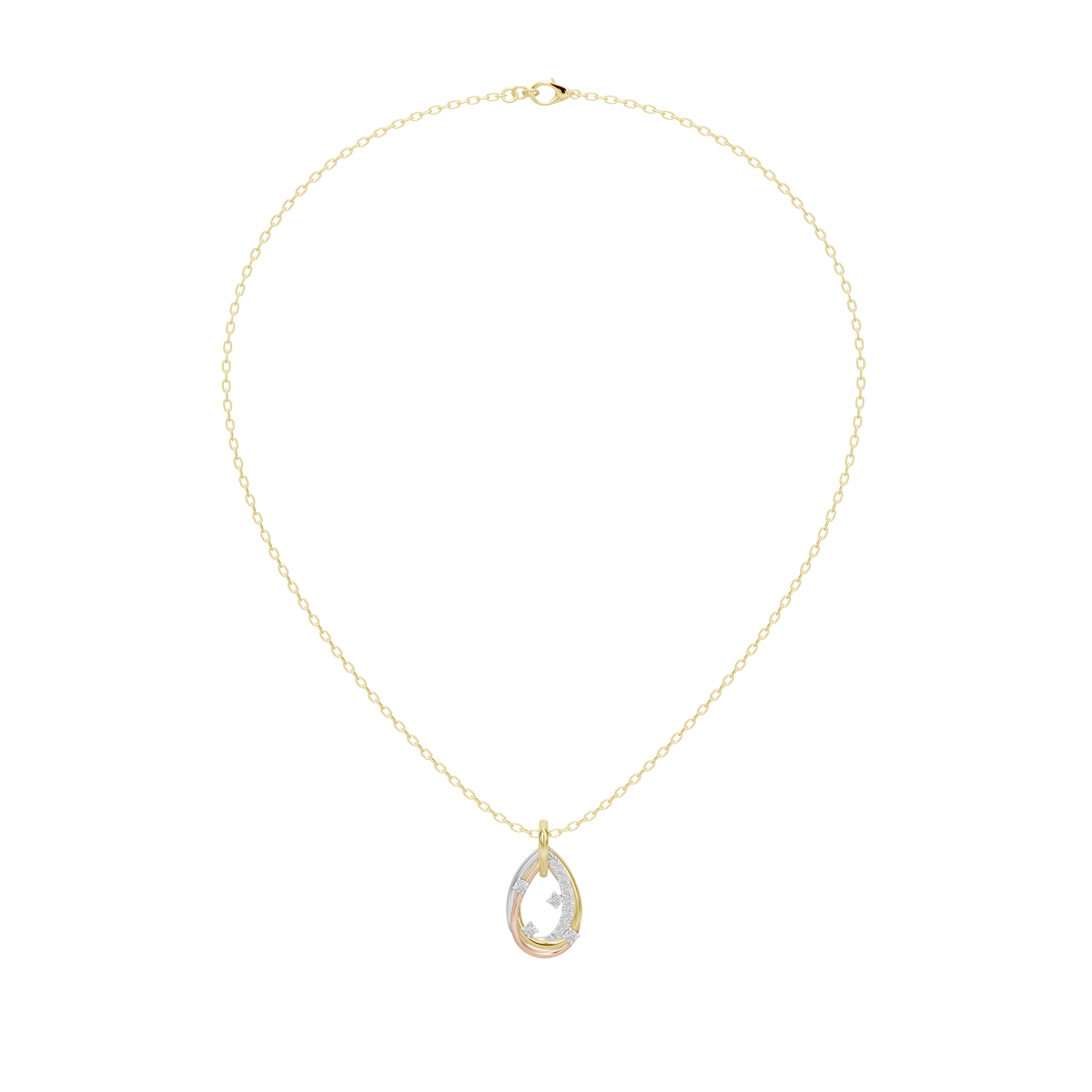 Gold chain teardrop pendant with three lab diamonds, full necklace view