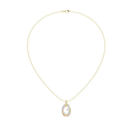 Gold chain teardrop pendant with three lab diamonds, full necklace view