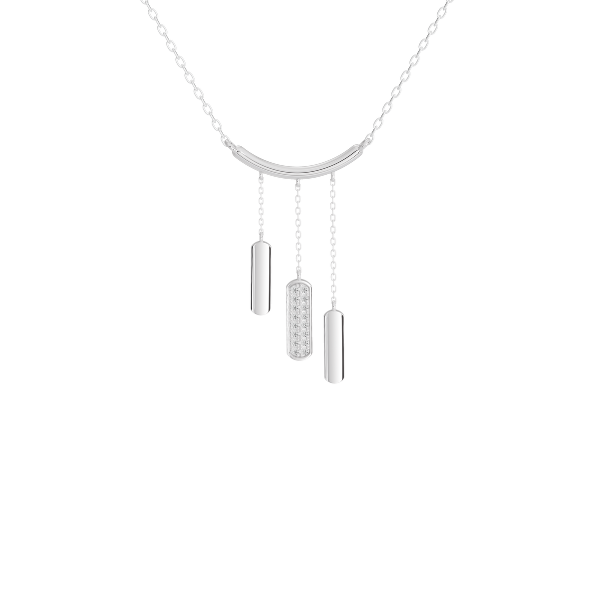 Silver-tone lab diamond pendant necklace with curved top and three dangling bar charms
