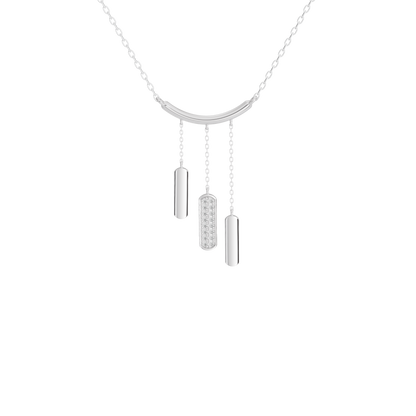 Silver-tone lab diamond pendant necklace with curved top and three dangling bar charms