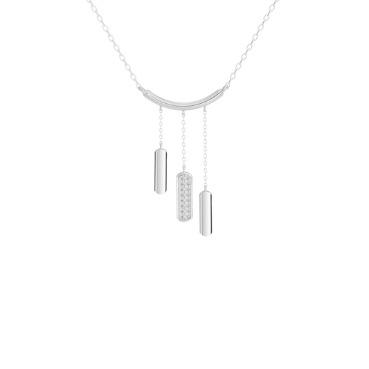 Silver-tone lab diamond pendant necklace with curved top and three dangling bar charms