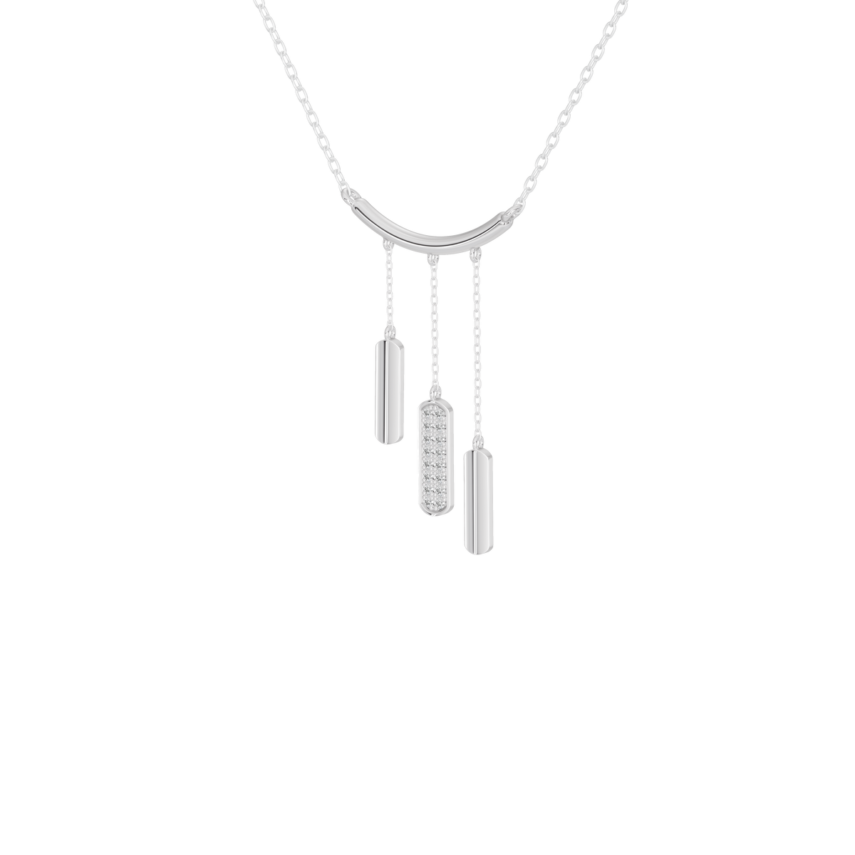 Silver-tone lab diamond pendant necklace with curved clasp and three vertical bar charms