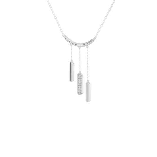 Silver-tone lab diamond pendant necklace with curved clasp and three vertical bar charms