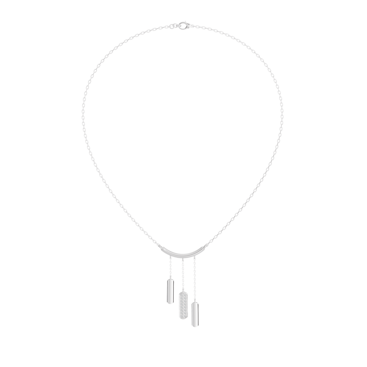 Silver-tone lab diamond pendant necklace with three hanging bar charms on a fine chain