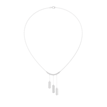Silver-tone lab diamond pendant necklace with three hanging bar charms on a fine chain