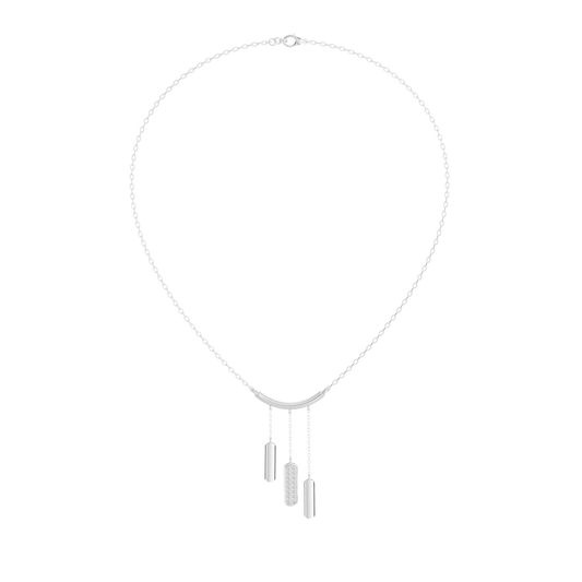 Silver-tone lab diamond pendant necklace with three hanging bar charms on a fine chain